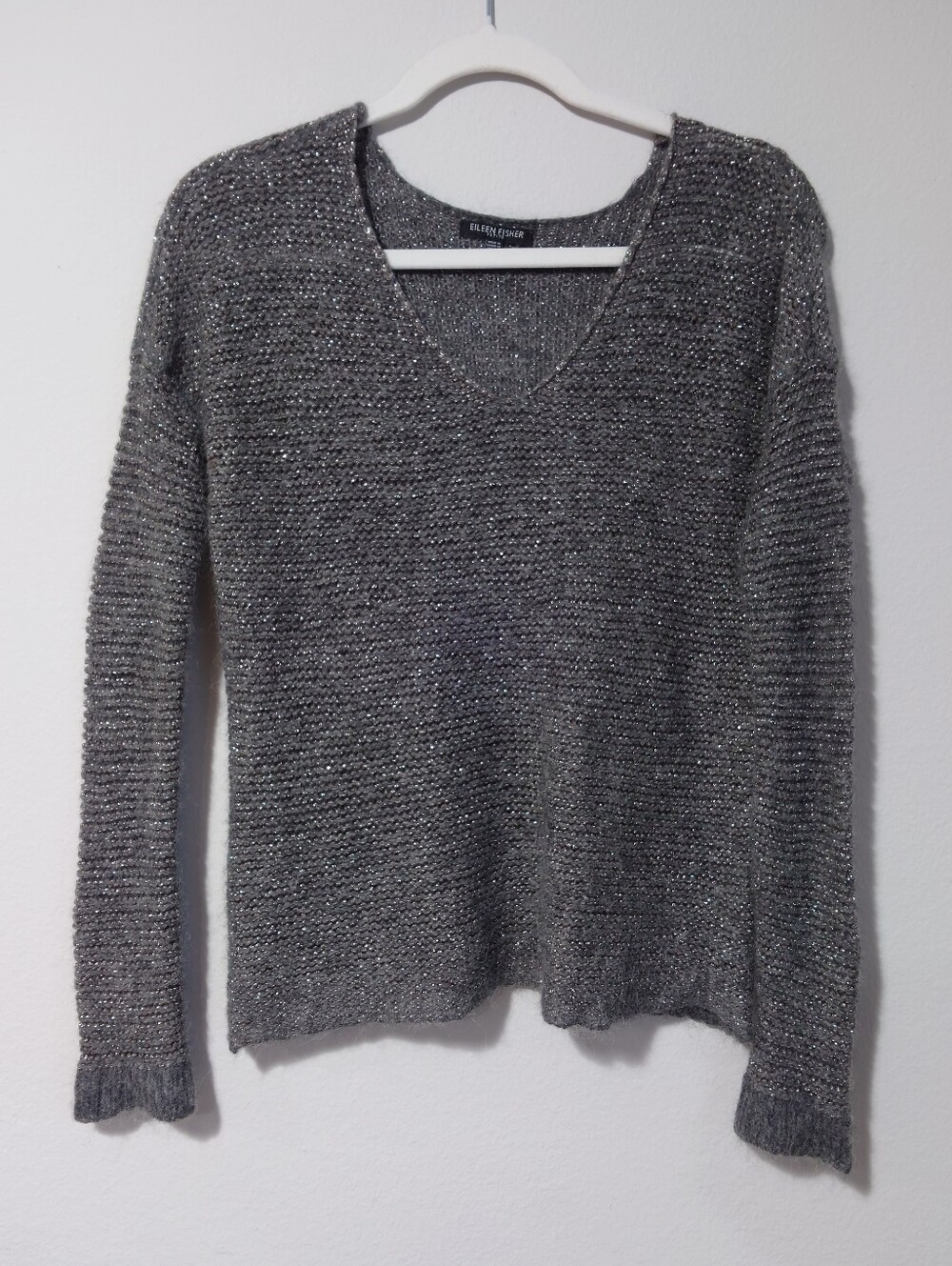 Eileen Fisher Petite Gray Metallic Alpaca Wool Blend Sweater PM